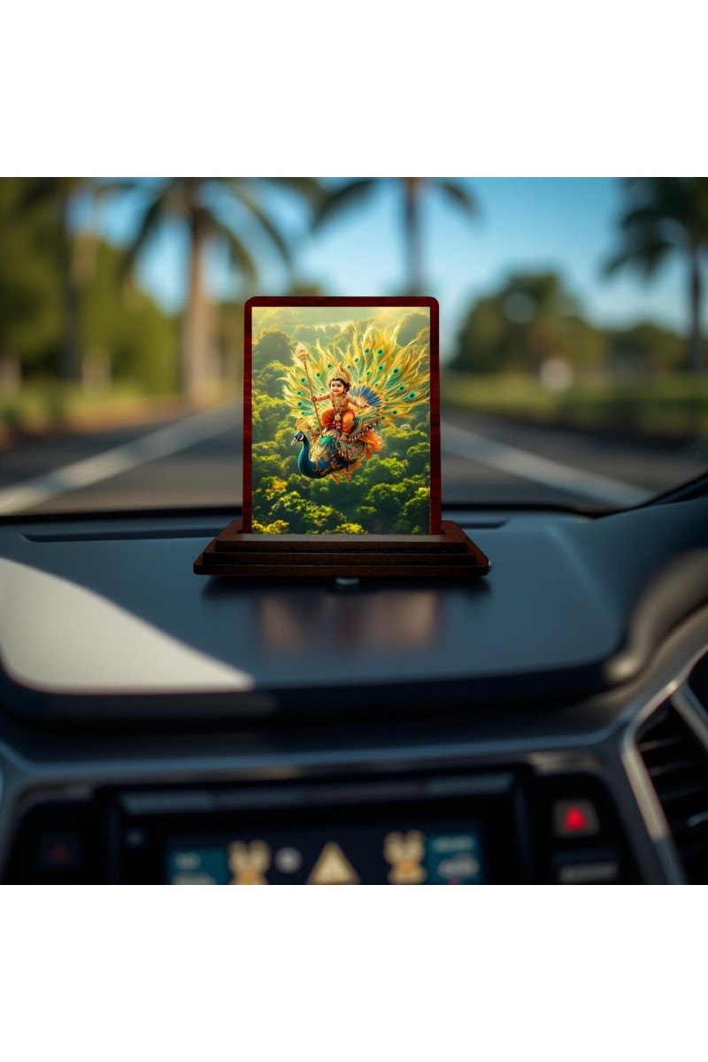 Car Desk/Table Top Lord Murugan Wooden Photo Stand 3x4 Inches, Compact & Stylish Spiritual Display For Car, Home & Office (Pack Of 1) (F14364)