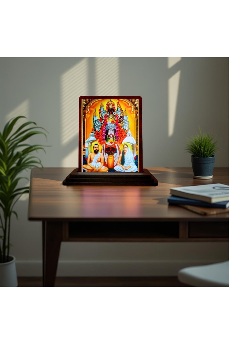 Car Desk/Table Top Kali Maa With Sri Ramakrishna Paramahamsa And Maa Sarada Devi Wooden Photo Stand 3x4 Inches, Compact & Stylish Spiritual Display For Car, Home & Office (Pack Of 1) (F15095)