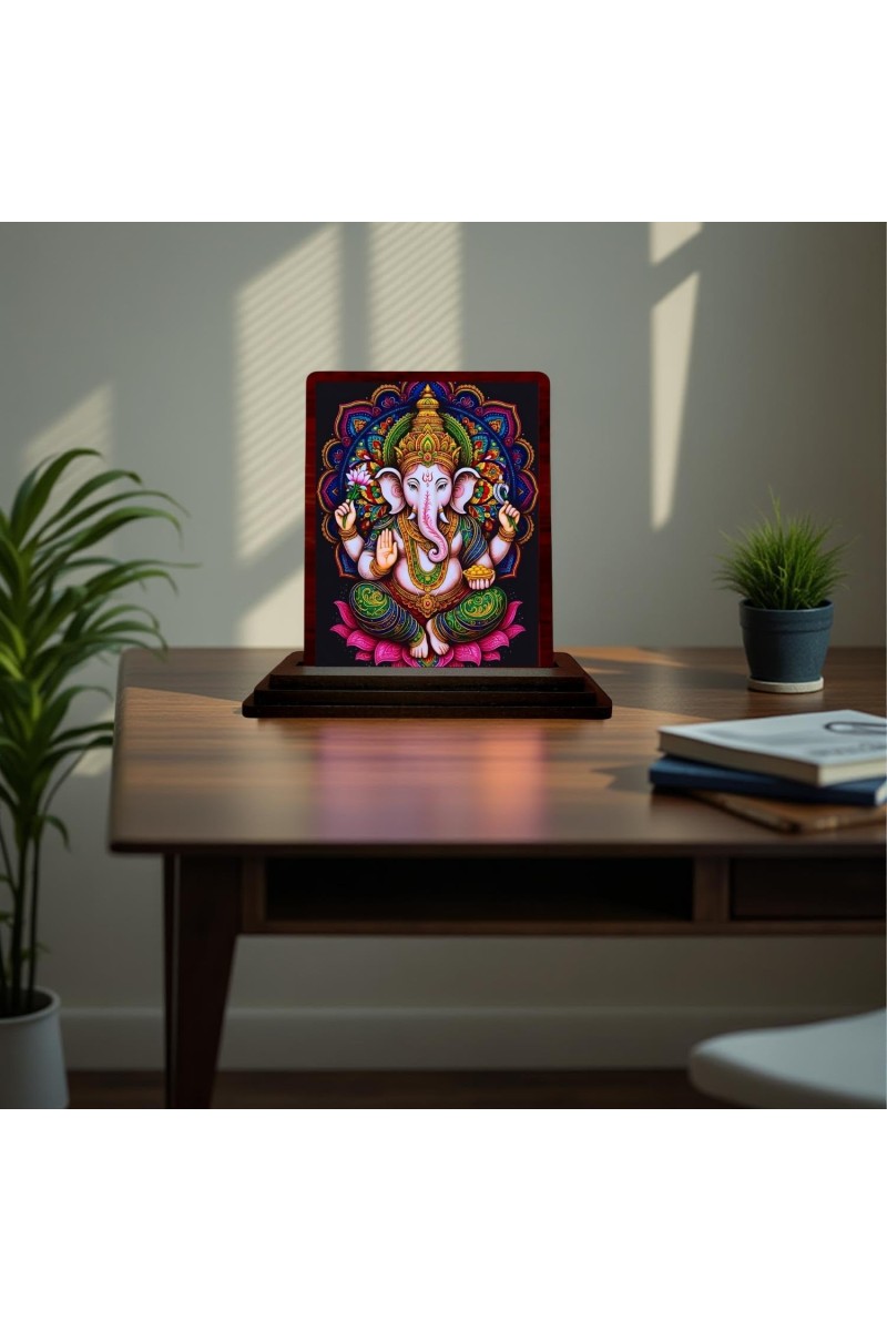 Car Desk/Table Top Lord Ganesha Wooden Photo Stand 3x4 Inches, Compact & Stylish Spiritual Display For Car, Home & Office (Pack Of 1) (F15073)