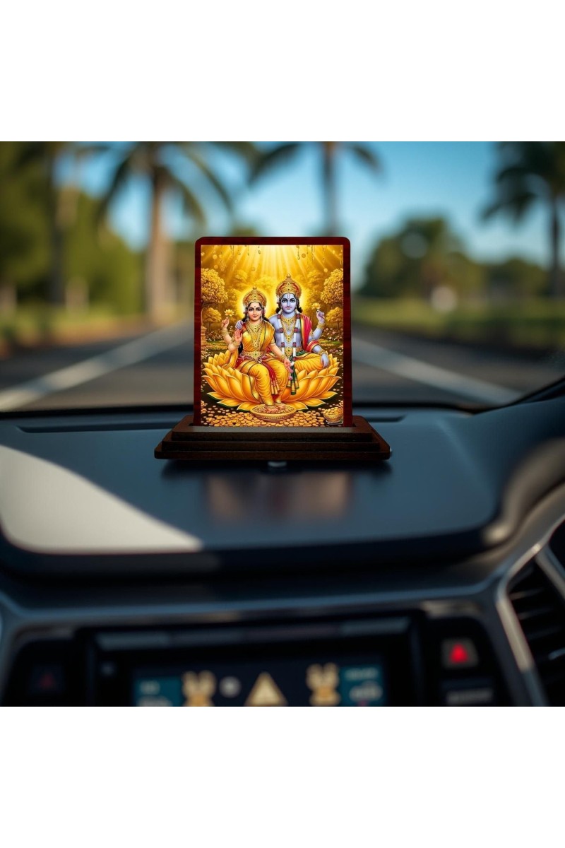 Car Desk/Table Top Lord Vishnu Lakshmi Wooden Photo Stand 3x4 Inches, Compact & Stylish Spiritual Display For Car, Home & Office (Pack Of 1) (F14219)