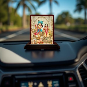Car Desk/Table Top Radha Krishna Wooden Photo Stand 3x4 Inches, Compact & Stylish Spiritual Display For Car, Home & Office (Pack Of 1) (F14221)