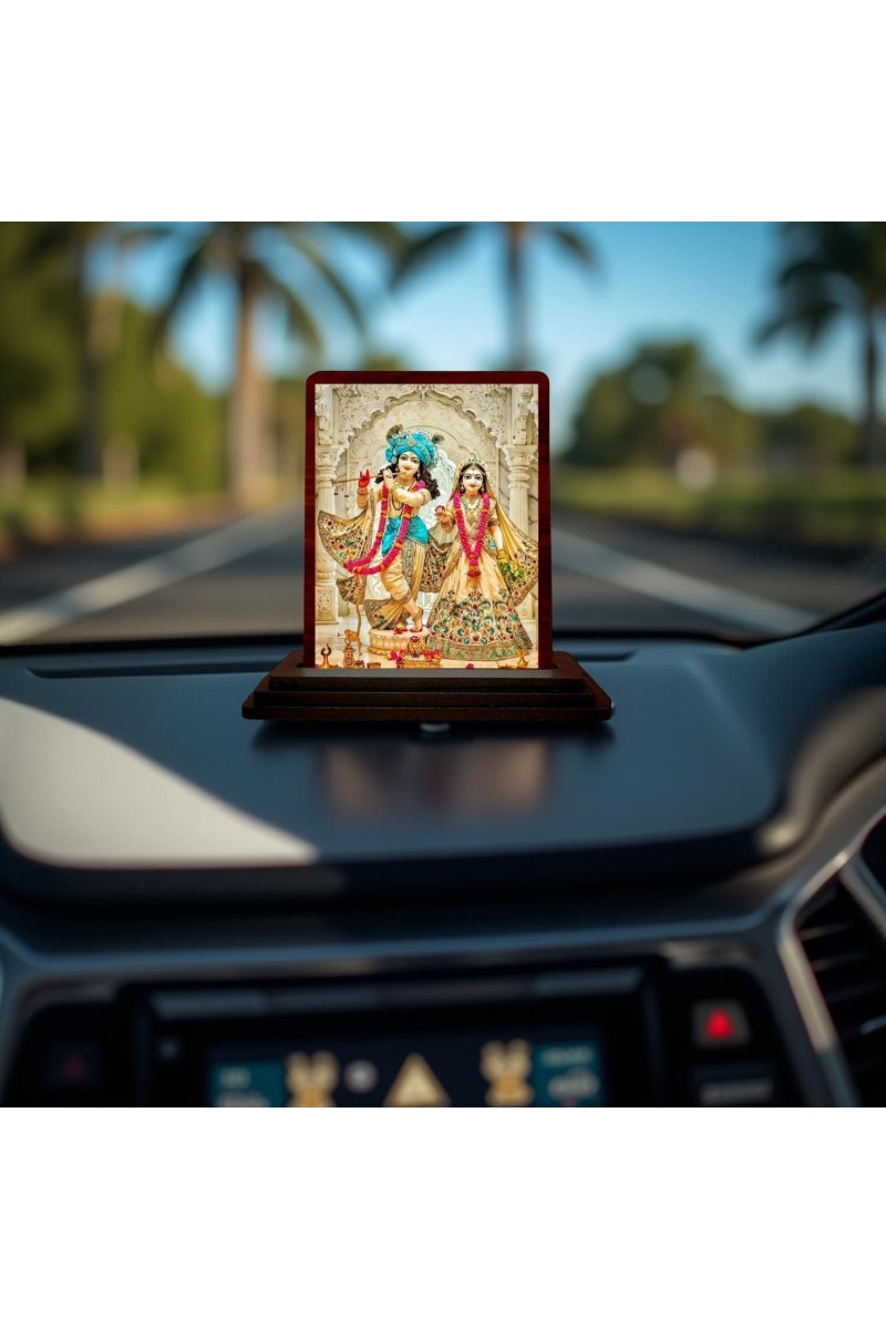 Car Desk/Table Top Radha Krishna Wooden Photo Stand 3x4 Inches, Compact & Stylish Spiritual Display For Car, Home & Office (Pack Of 1) (F14221)
