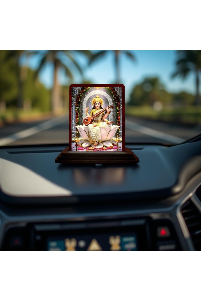 Car Desk/Table Top Goddess Saraswathi Wooden Photo Stand 3x4 Inches, Compact & Stylish Spiritual Display For Car, Home & Office (Pack Of 1) (F14151)