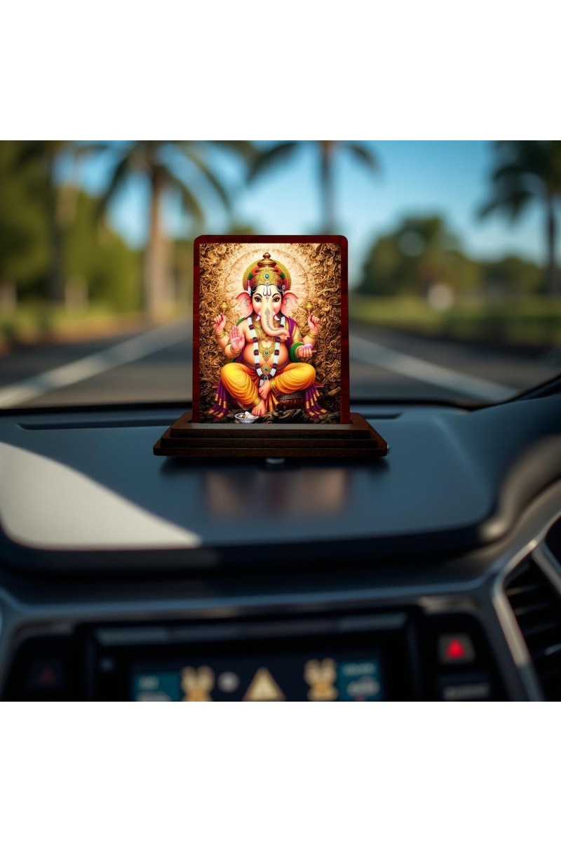Car Desk/Table Top Lord Ganesha Wooden Photo Stand 3x4 Inches, Compact & Stylish Spiritual Display For Car, Home & Office (Pack Of 1) (F14158)