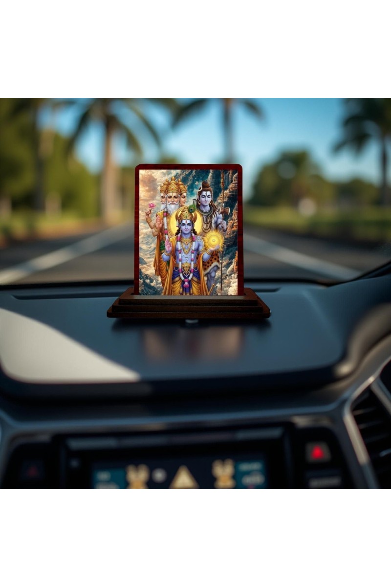 Car Desk/Table Top Lord Bramha Vishnu Shiva Wooden Photo Stand 3x4 Inches, Compact & Stylish Spiritual Display For Car, Home & Office (Pack Of 1) (F14289)