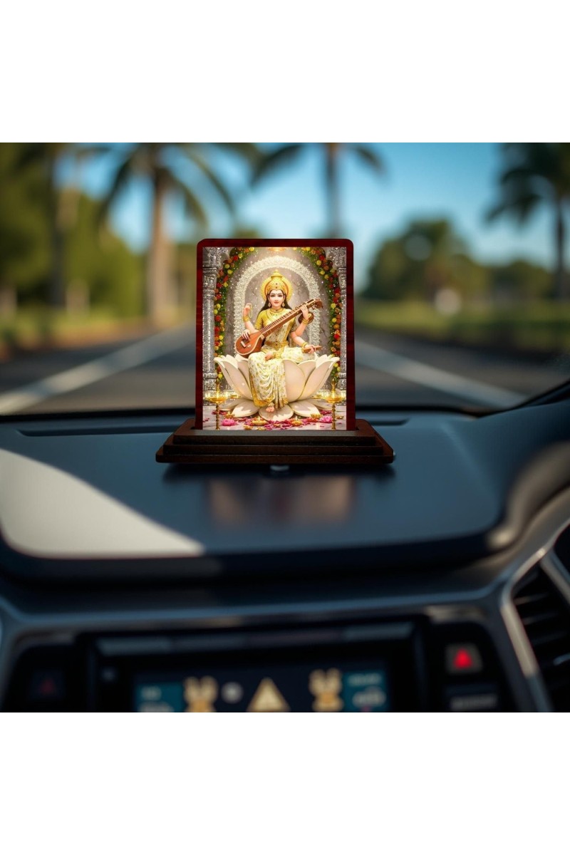 Car Desk/Table Top Goddess Lakshmi Wooden Photo Stand 3x4 Inches, Compact & Stylish Spiritual Display For Car, Home & Office (Pack Of 1) (F14520)