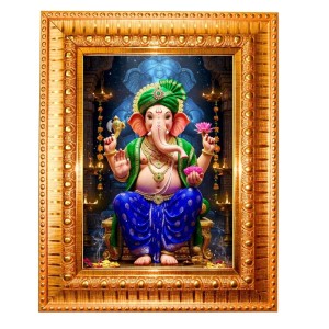Lord Ganesh Golden Designer Photo Frame | 10x14 Inch Religious Wall Hanging Frame For Home & Office Decoration | Hindu Deity Spiritual Gift Item