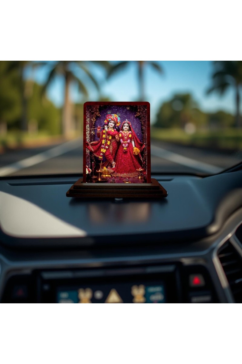 Car Desk/Table Top Radha Krishna Wooden Photo Stand 3x4 Inches, Compact & Stylish Spiritual Display For Car, Home & Office (Pack Of 1) (F14225)