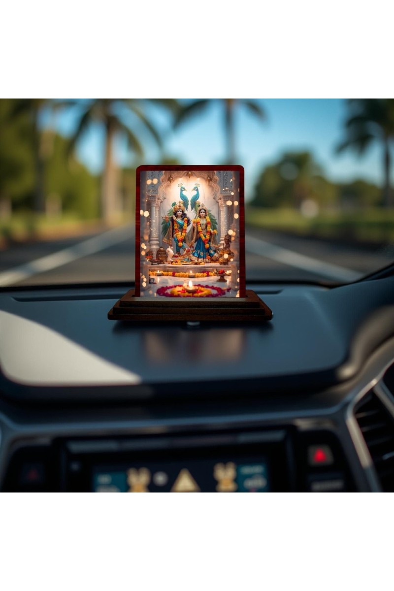 Car Desk/Table Top Radha Krishna Wooden Photo Stand 3x4 Inches, Compact & Stylish Spiritual Display For Car, Home & Office (Pack Of 1) (F14362)