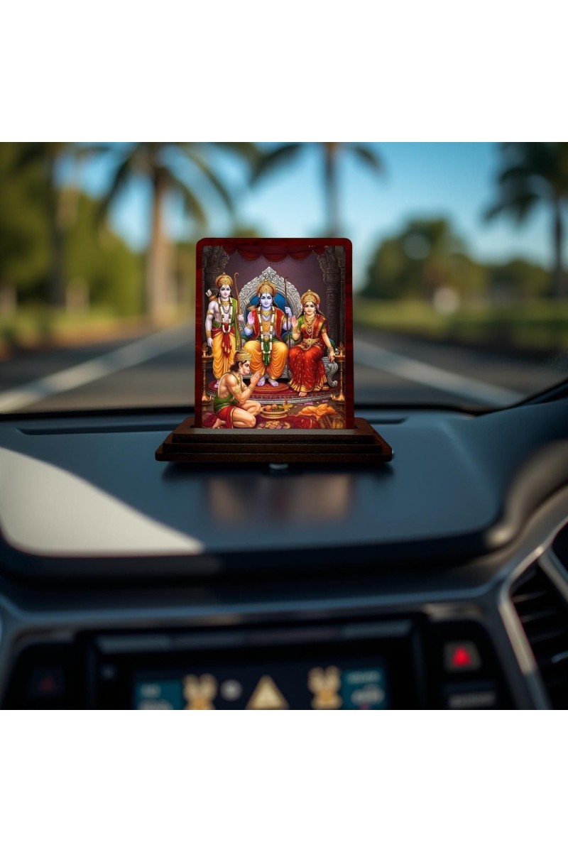 Car Desk/Table Top Lord Rama Darbar Wooden Photo Stand 3x4 Inches, Compact & Stylish Spiritual Display For Car, Home & Office (Pack Of 1) (F14294)