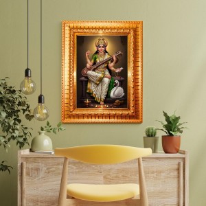Maa Saraswati Golden Designer Photo Frame | 10x14 Inch Religious Wall Hanging Frame For Home & Office Decoration | Hindu Deity Spiritual Gift Item Maa Saraswati Golden Designer Photo Frame | 10x14 Inch Religious Wall Hanging Frame For Home & Office Decoration | Hindu Deity Spiritual Gift Item