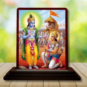 Car Desk/Table Top Lord Krishna And Arjuna Wooden Photo Stand 3x4 Inches, Compact & Stylish Spiritual Display For Car, Home & Office (Pack Of 1) (F14293)