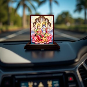 Car Desk/Table Top Lord Vishnu Lakshmi Wooden Photo Stand 3x4 Inches, Compact & Stylish Spiritual Display For Car, Home & Office (Pack Of 1) (F14558)