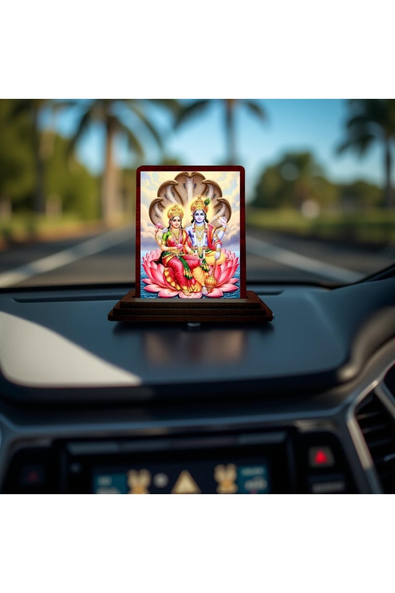 Car Desk/Table Top Lord Vishnu Lakshmi Wooden Photo Stand 3x4 Inches, Compact & Stylish Spiritual Display For Car, Home & Office (Pack Of 1) (F14558)