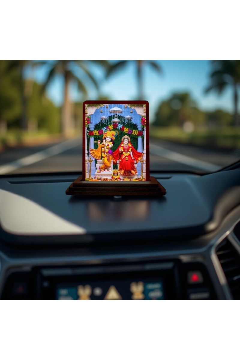Car Desk/Table Top Lord Krishna Radha Wooden Photo Stand 3x4 Inches, Compact & Stylish Spiritual Display For Car, Home & Office (Pack Of 1) (F14179)