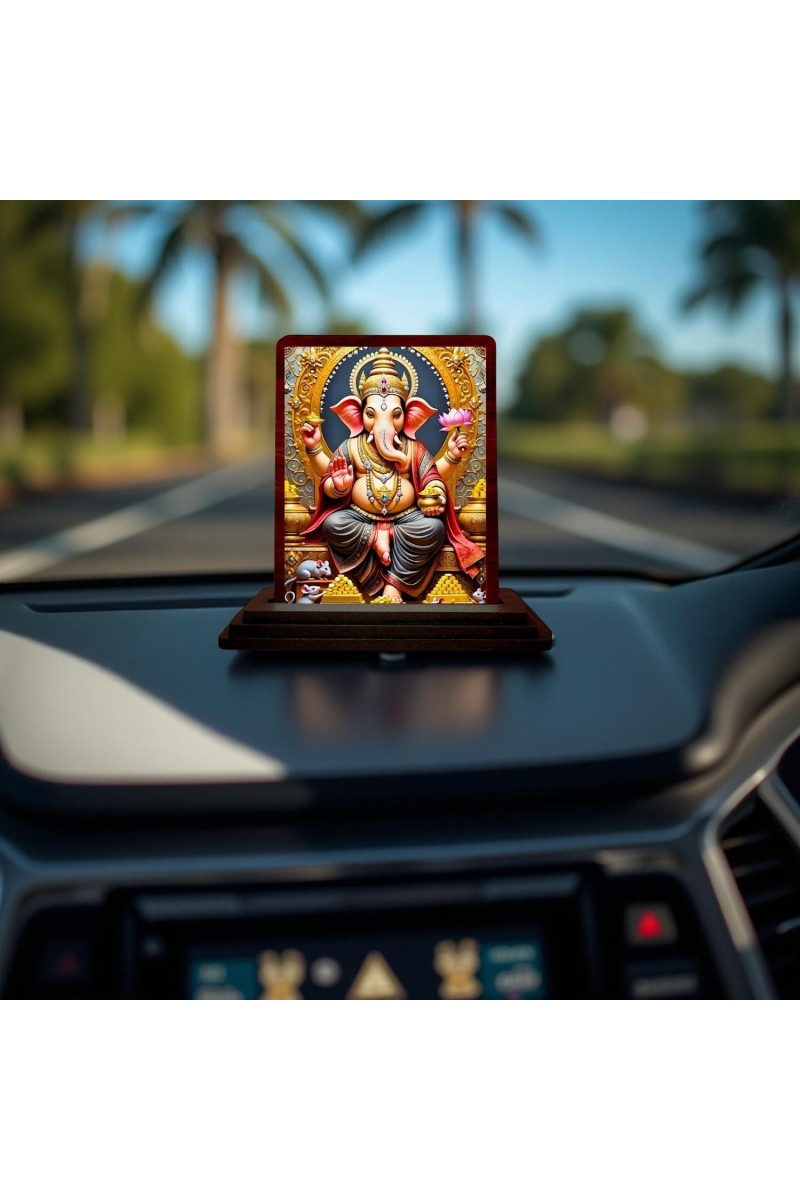 Car Desk/Table Top Lord Ganesha Wooden Photo Stand 3x4 Inches, Compact & Stylish Spiritual Display For Car, Home & Office (Pack Of 1) (F14160)