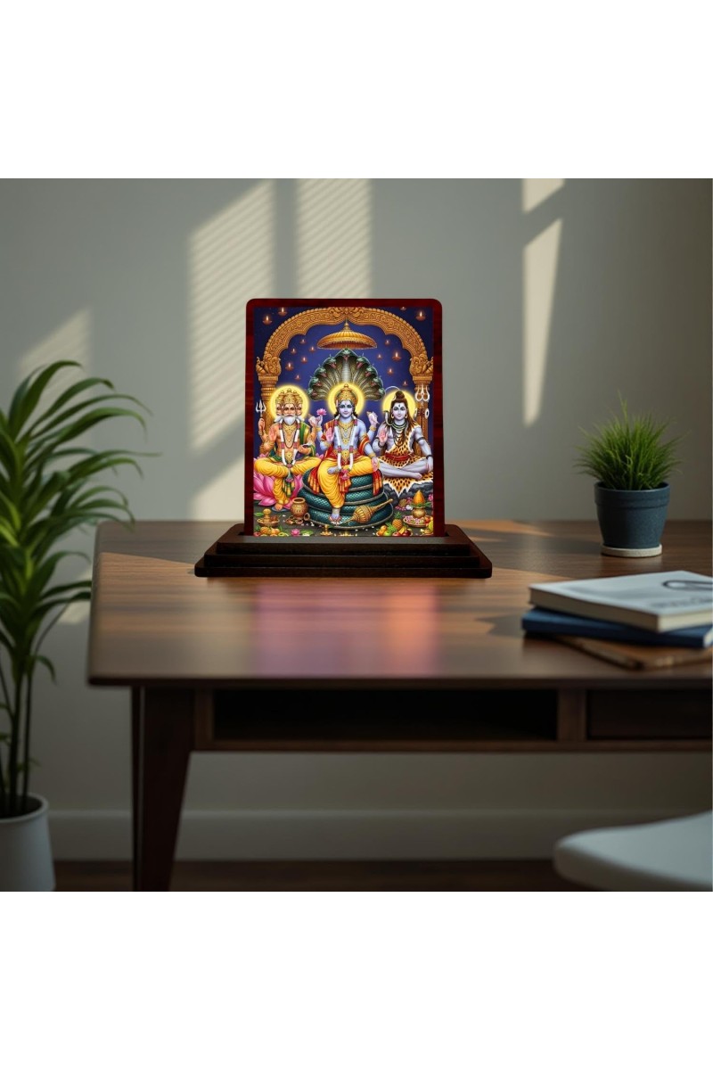 Car Desk/Table Top Lord Vishnu Shakar Brhma Wooden Photo Stand 3x4 Inches, Compact & Stylish Spiritual Display For Car, Home & Office (Pack Of 1) (F15165)