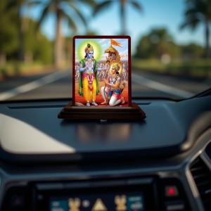 Car Desk/Table Top Lord Krishna And Arjuna Wooden Photo Stand 3x4 Inches, Compact & Stylish Spiritual Display For Car, Home & Office (Pack Of 1) (F14293)