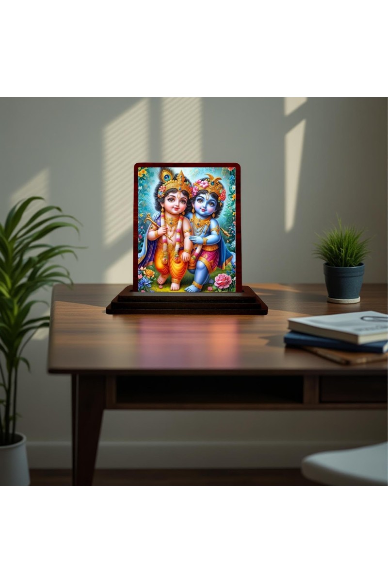 Car Desk/Table Top Lord Bal Krishna Wooden Photo Stand 3x4 Inches, Compact & Stylish Spiritual Display For Car, Home & Office (Pack Of 1) (F15131)