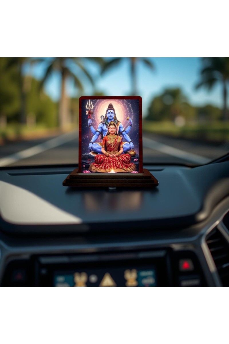 Car Desk/Table Top Lord Shiva And Parvathi Wooden Photo Stand 3x4 Inches, Compact & Stylish Spiritual Display For Car, Home & Office (Pack Of 1) (F14325)