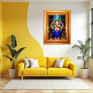 Lord Ganesh Golden Designer Photo Frame | 10x14 Inch Religious Wall Hanging Frame For Home & Office Decoration | Hindu Deity Spiritual Gift Item