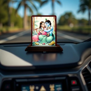 Car Desk/Table Top Radha Krishna Wooden Photo Stand 3x4 Inches, Compact & Stylish Spiritual Display For Car, Home & Office (Pack Of 1) (F14578)