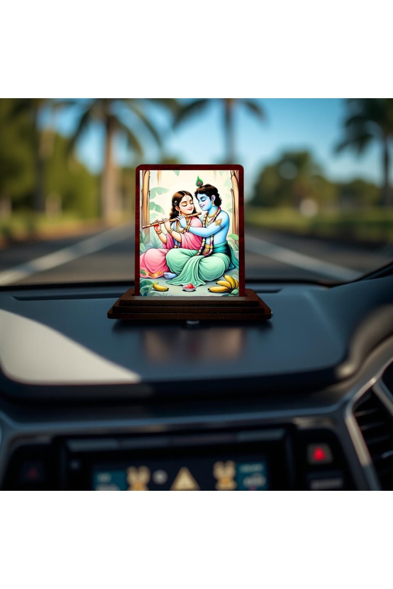 Car Desk/Table Top Radha Krishna Wooden Photo Stand 3x4 Inches, Compact & Stylish Spiritual Display For Car, Home & Office (Pack Of 1) (F14578)