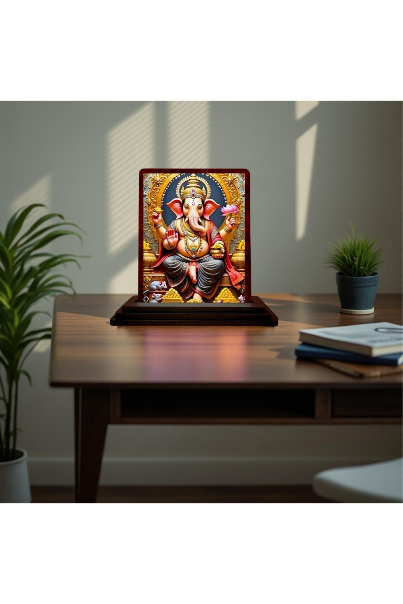 Car Desk/Table Top Lord Ganesha Wooden Photo Stand 3x4 Inches, Compact & Stylish Spiritual Display For Car, Home & Office (Pack Of 1) (F15078)