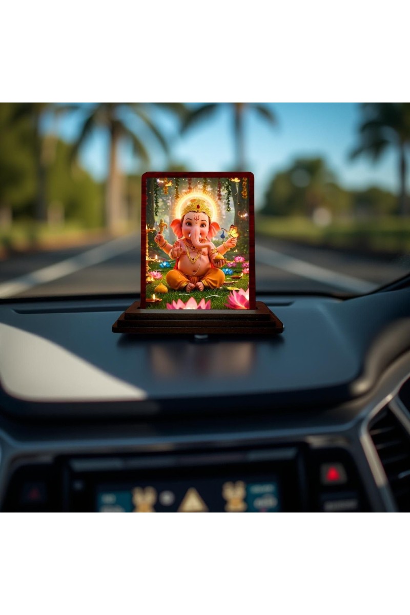 Car Desk/Table Top Lord Ganesha Wooden Photo Stand 3x4 Inches, Compact & Stylish Spiritual Display For Car, Home & Office (Pack Of 1) (F14414)