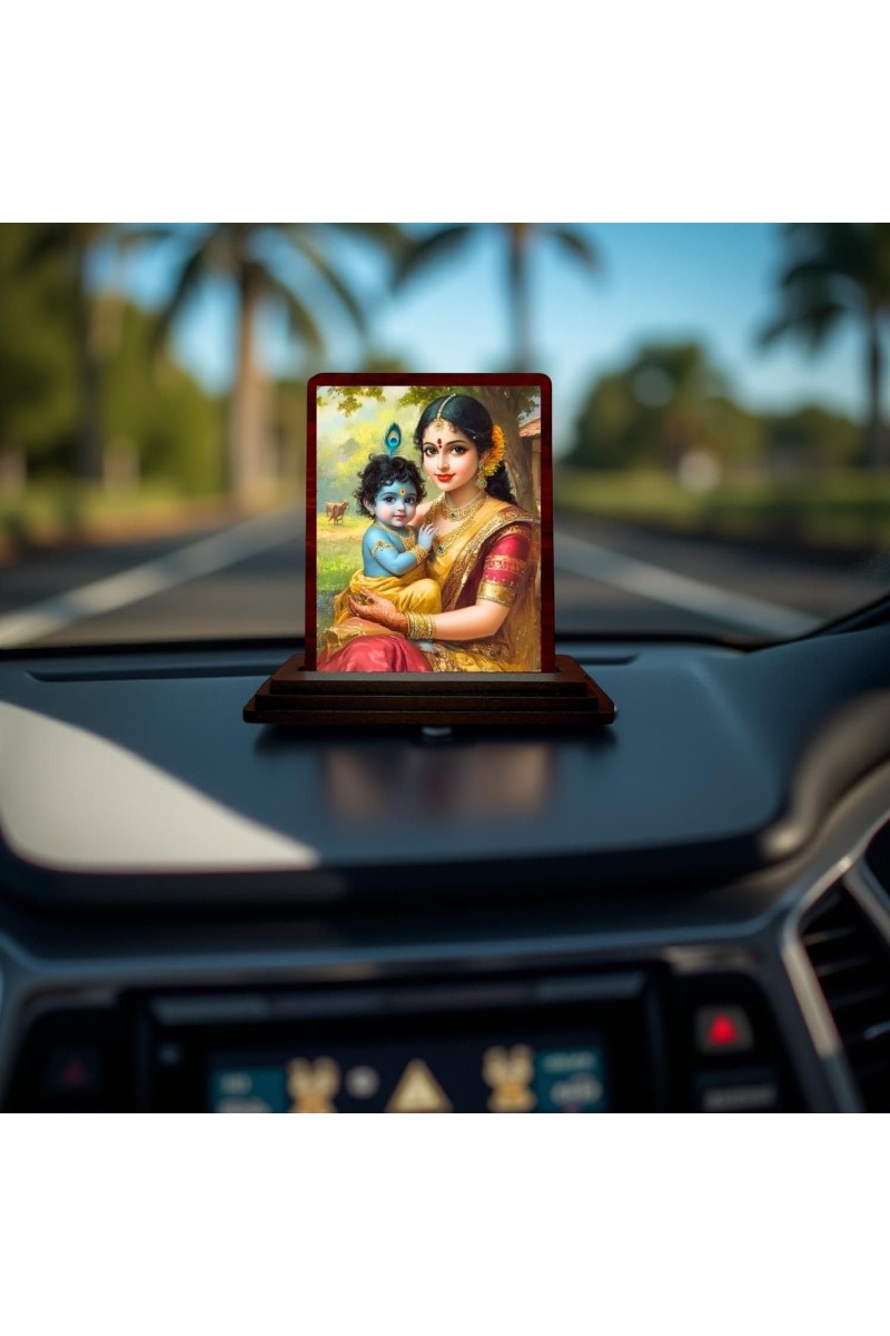 Car Desk/Table Top Yashodha With Krishna Wooden Photo Stand 3x4 Inches, Compact & Stylish Spiritual Display For Car, Home & Office (Pack Of 1) (F14633)