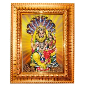 Shantharoop Bagavan Narashima Moorthi With Mahalaxmi Devi Golden Designer Photo Frame | 10x14 Inch Religious Wall Hanging Frame For Home & Office Decoration | Hindu Deity Spiritual Gift Item