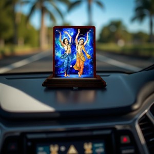Car Desk/Table Top Gaura Nitai Wooden Photo Stand 3x4 Inches, Compact & Stylish Spiritual Display For Car, Home & Office (Pack Of 1) (F14510)