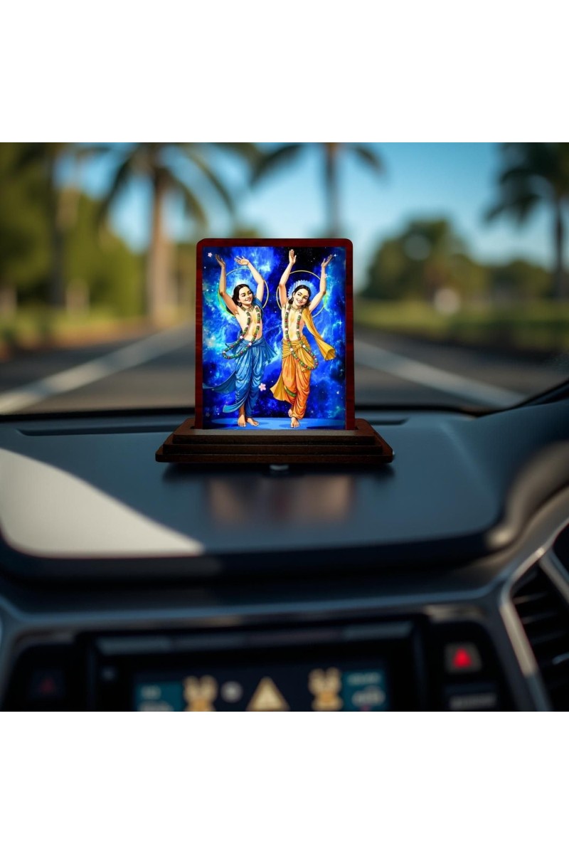 Car Desk/Table Top Gaura Nitai Wooden Photo Stand 3x4 Inches, Compact & Stylish Spiritual Display For Car, Home & Office (Pack Of 1) (F14510)