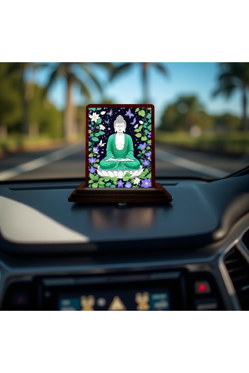 Car Desk/Table Top Lord Buddha Wooden Photo Stand 3x4 Inches, Compact & Stylish Spiritual Display For Car, Home & Office (Pack Of 1) (F14484)