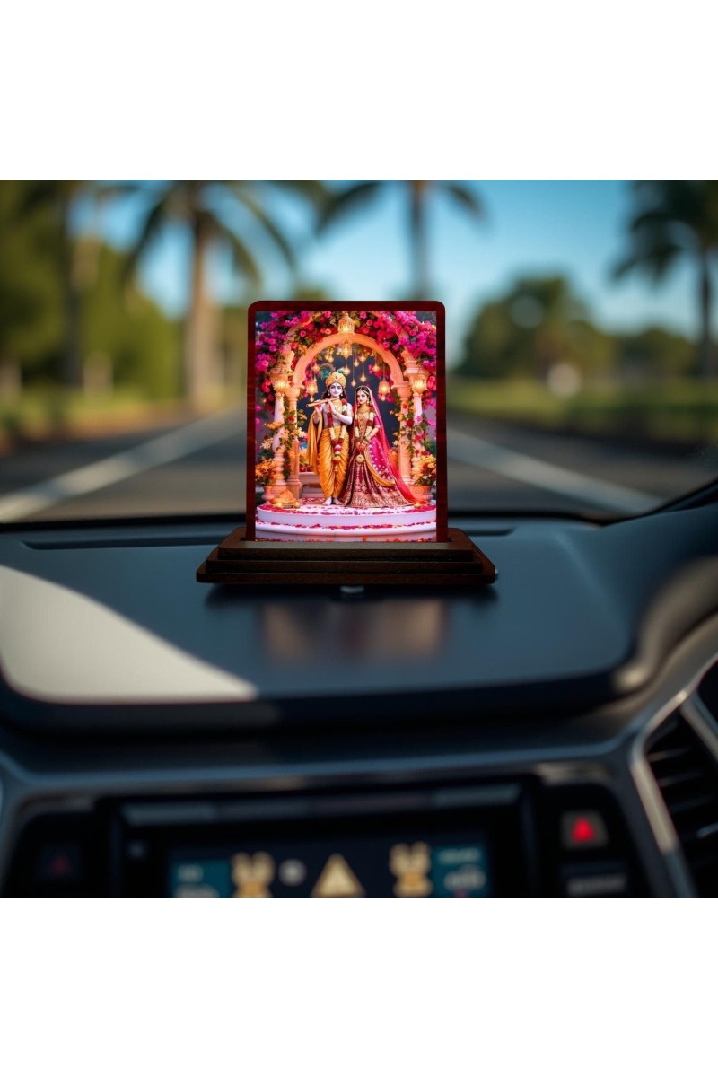 Car Desk/Table Top Radha Krishna Wooden Photo Stand 3x4 Inches, Compact & Stylish Spiritual Display For Car, Home & Office (Pack Of 1) (F14383)