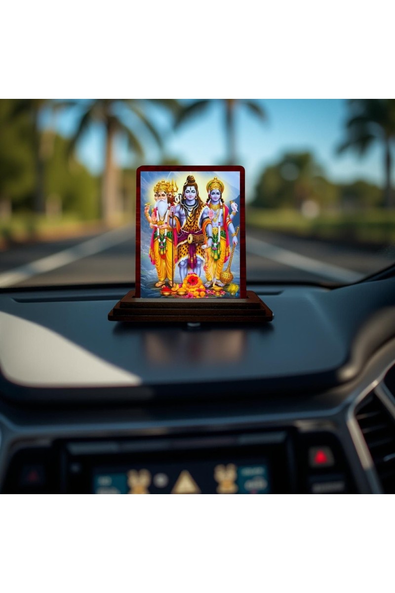 Car Desk/Table Top Bramha Shiva Vishnu Wooden Photo Stand 3x4 Inches, Compact & Stylish Spiritual Display For Car, Home & Office (Pack Of 1) (F14144)