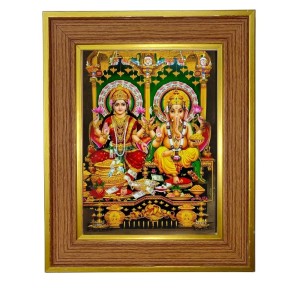 Goddess Lakhsmi And Ganesha Photo Frame 10x14 Inches-Brown Wooden Frame For Home, Office & Temple Decoration And Gifting (F6429)