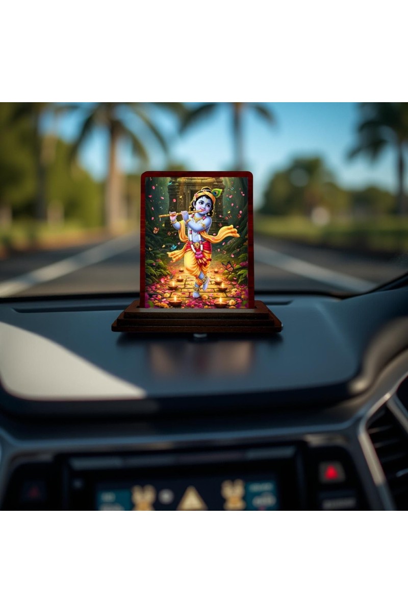 Car Desk/Table Top Lord Krishna Wooden Photo Stand 3x4 Inches, Compact & Stylish Spiritual Display For Car, Home & Office (Pack Of 1) (F14297)