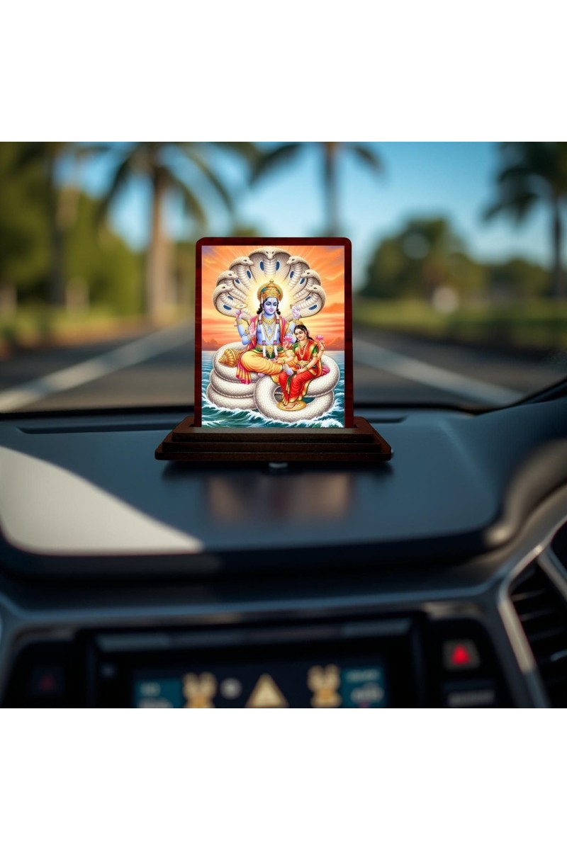 Car Desk/Table Top Lord Vishnu Lakshmi Wooden Photo Stand 3x4 Inches, Compact & Stylish Spiritual Display For Car, Home & Office (Pack Of 1) (F14571)