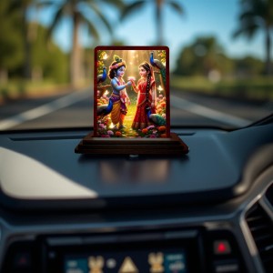 Car Desk/Table Top Radha Krishna Wooden Photo Stand 3x4 Inches, Compact & Stylish Spiritual Display For Car, Home & Office (Pack Of 1) (F14369)