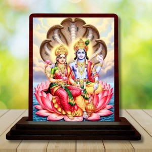 Car Desk/Table Top Lord Vishnu Lakshmi Wooden Photo Stand 3x4 Inches, Compact & Stylish Spiritual Display For Car, Home & Office (Pack Of 1) (F14558)