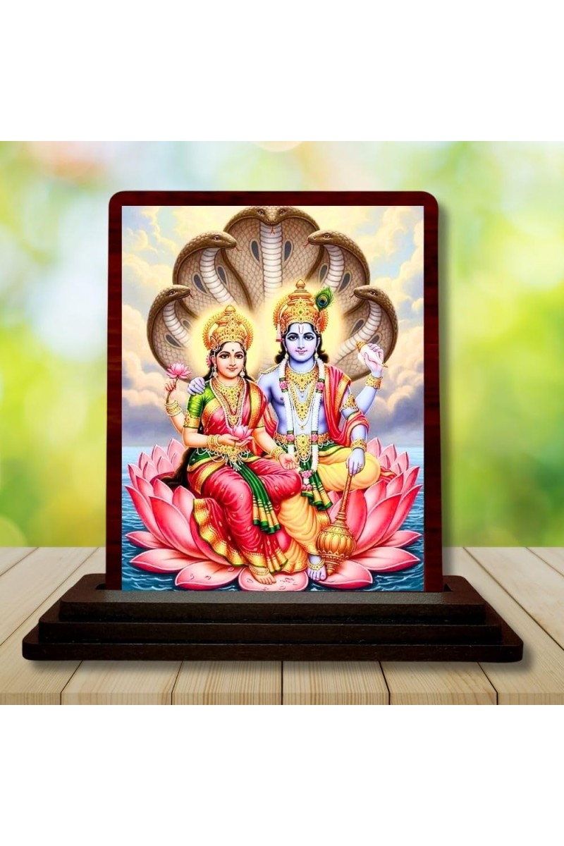 Car Desk/Table Top Lord Vishnu Lakshmi Wooden Photo Stand 3x4 Inches, Compact & Stylish Spiritual Display For Car, Home & Office (Pack Of 1) (F14558)