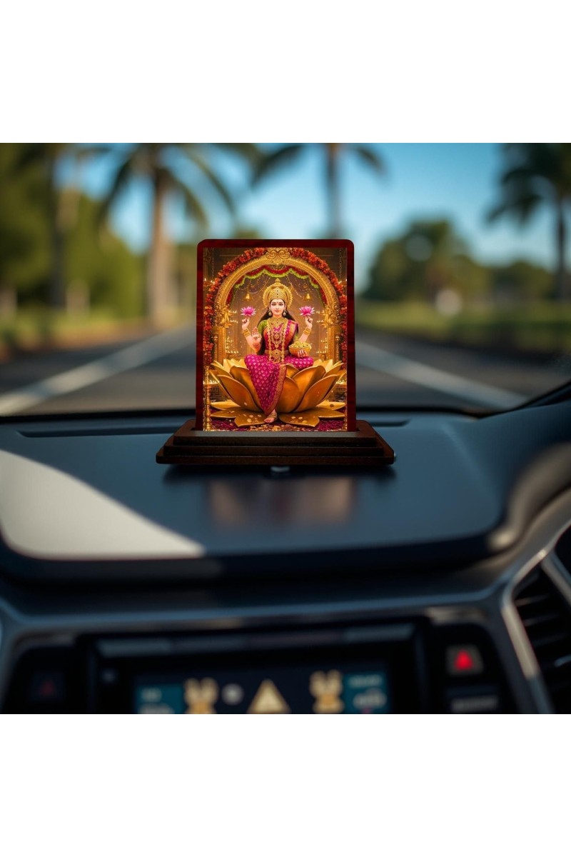 Car Desk/Table Top Goddess Lakshmi Wooden Photo Stand 3x4 Inches, Compact & Stylish Spiritual Display For Car, Home & Office (Pack Of 1) (F14609)