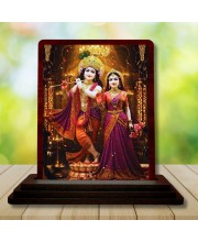 Car Desk/Table Top Radha Krishna Wooden Photo Stand 3x4 Inches, Compact & Stylish Spiritual Display For Car, Home & Office (Pack Of 1) (F14227)