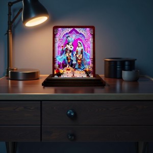 Car Desk/Table Top Radha Krishna Wooden Photo Stand 3x4 Inches, Compact & Stylish Spiritual Display For Car, Home & Office (Pack Of 1) (F14223)