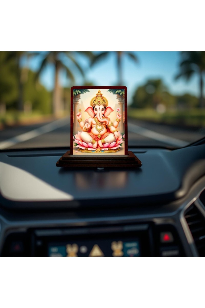 Car Desk/Table Top Lord Ganesha Wooden Photo Stand 3x4 Inches, Compact & Stylish Spiritual Display For Car, Home & Office (Pack Of 1) (F14538)