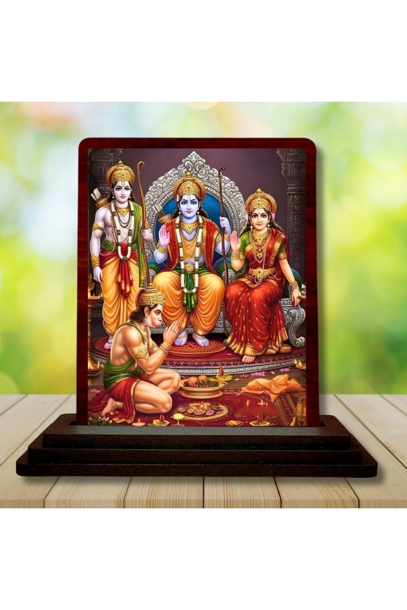 Car Desk/Table Top Lord Rama Darbar Wooden Photo Stand 3x4 Inches, Compact & Stylish Spiritual Display For Car, Home & Office (Pack Of 1) (F14246)
