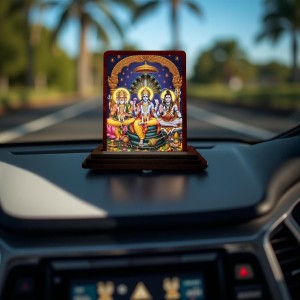 Car Desk/Table Top Bramha Vishnu Shiva Wooden Photo Stand 3x4 Inches, Compact & Stylish Spiritual Display For Car, Home & Office (Pack Of 1) (F14267)