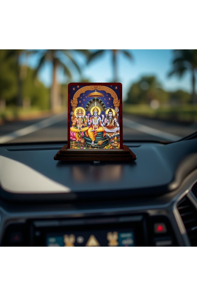 Car Desk/Table Top Bramha Vishnu Shiva Wooden Photo Stand 3x4 Inches, Compact & Stylish Spiritual Display For Car, Home & Office (Pack Of 1) (F14267)