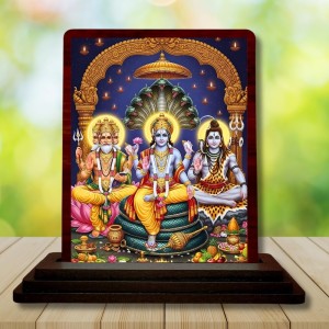 Car Desk/Table Top Lord Vishnu Shakar Brhma Wooden Photo Stand 3x4 Inches, Compact & Stylish Spiritual Display For Car, Home & Office (Pack Of 1) (F15165)